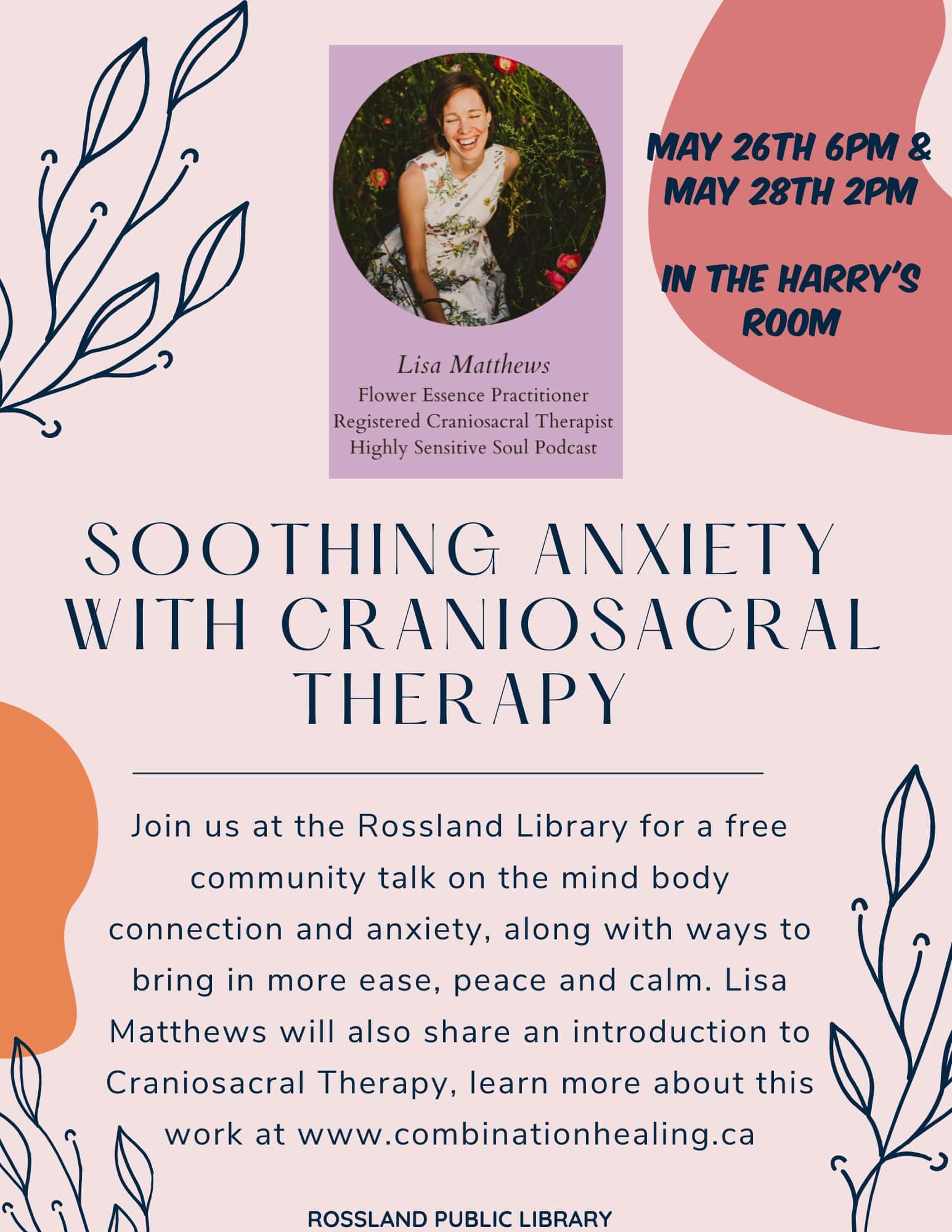 poster for free community talk titled Soothing Anxiety with Craniosacral Therapy with picture of Lisa Matthews.