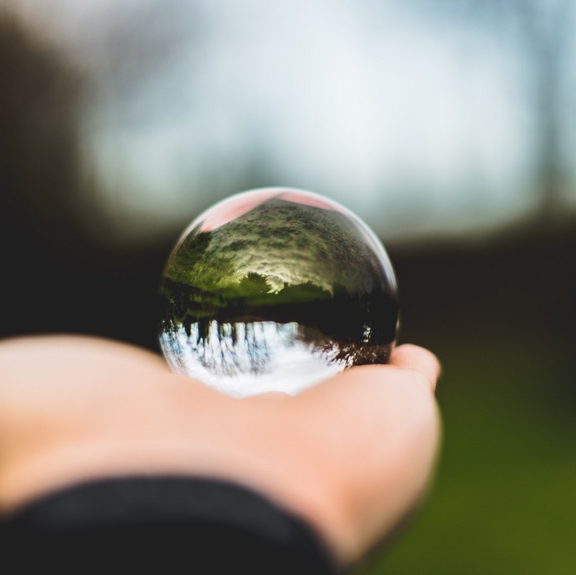 crystal ball held in outstretched hand in forest