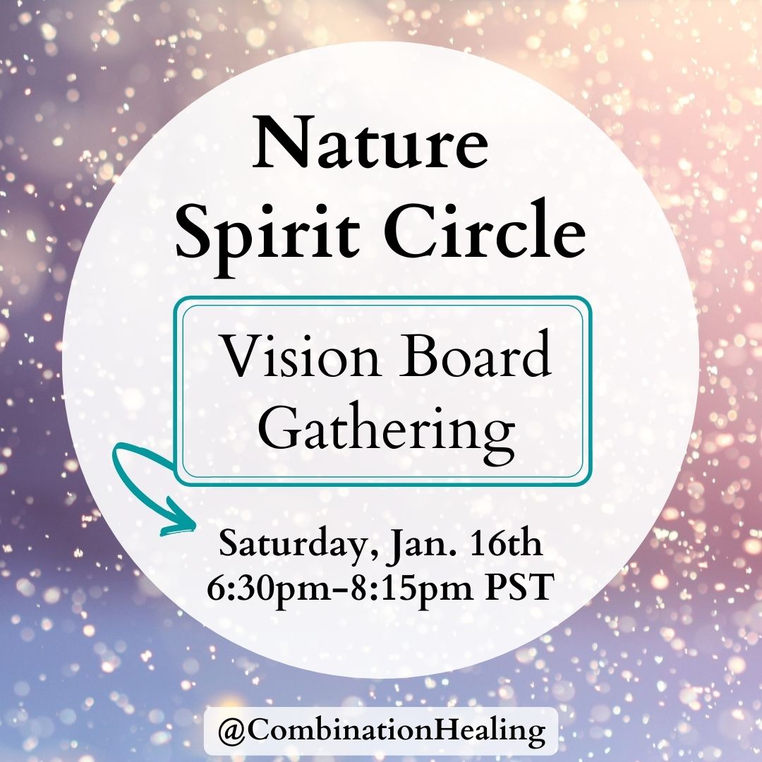 snowflakes in background with text nature spirit cirlce and vision board gathering