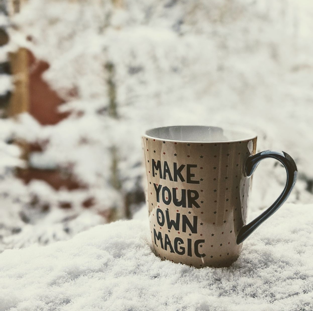 mug with words create your own magic, mug is on a rock with winter snow in the background